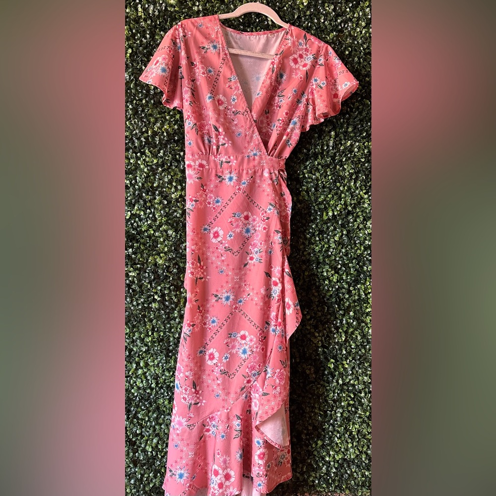 Short Sleeve Floral Print Wrap Dress